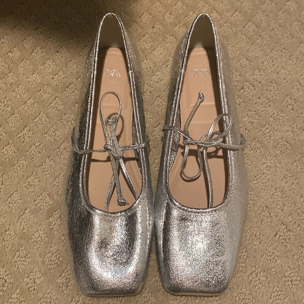 Zara silver flats with tie.